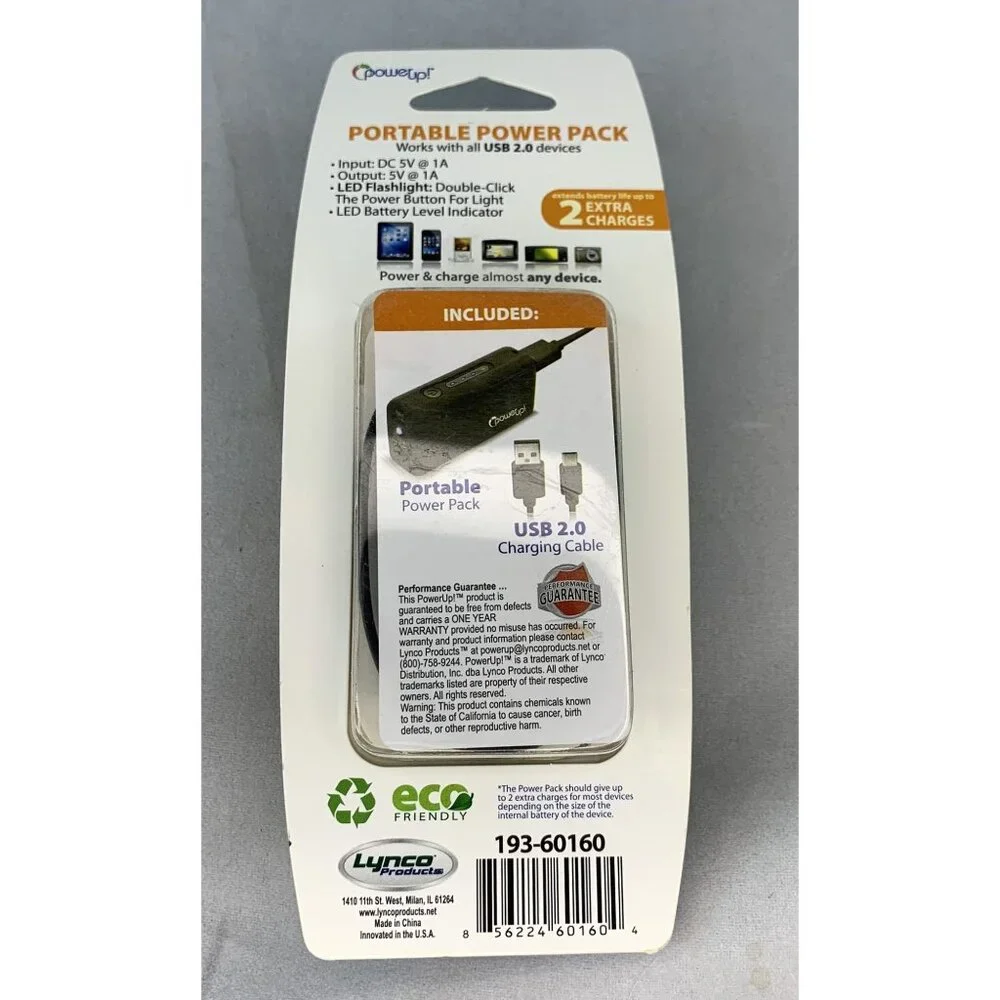 PowerUp! Portable 2200mA Power Pack USB Battery Charger With LED Flashlight NEW